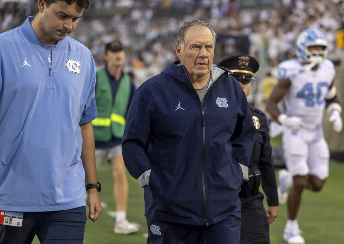 North Carolina coach Bill Belichick leaves the field following the Tar Heels’ warm up on Saturday, September 6, 2025 at Jerry Richardson Stadium in Charlotte, N.C.