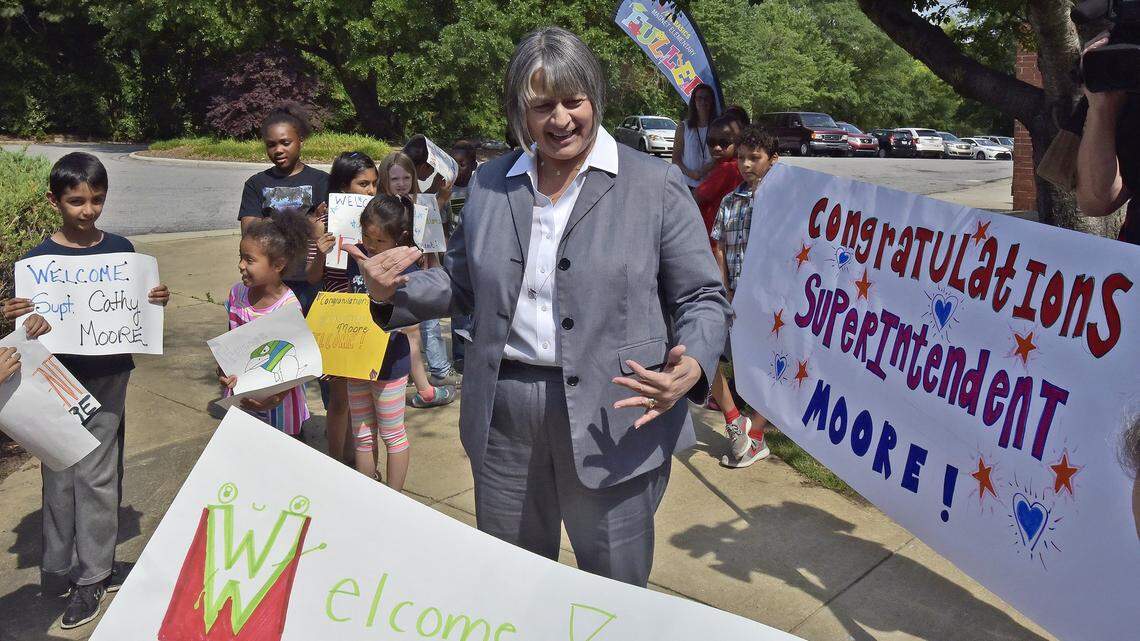 New Wake County schools superintendent Cathy Moore is greeted by students and faculty at Fuller Elementary School Thursday, May 24, 2018. The visit comes as the school is getting ready to offer the state end-of-grade exams. 
