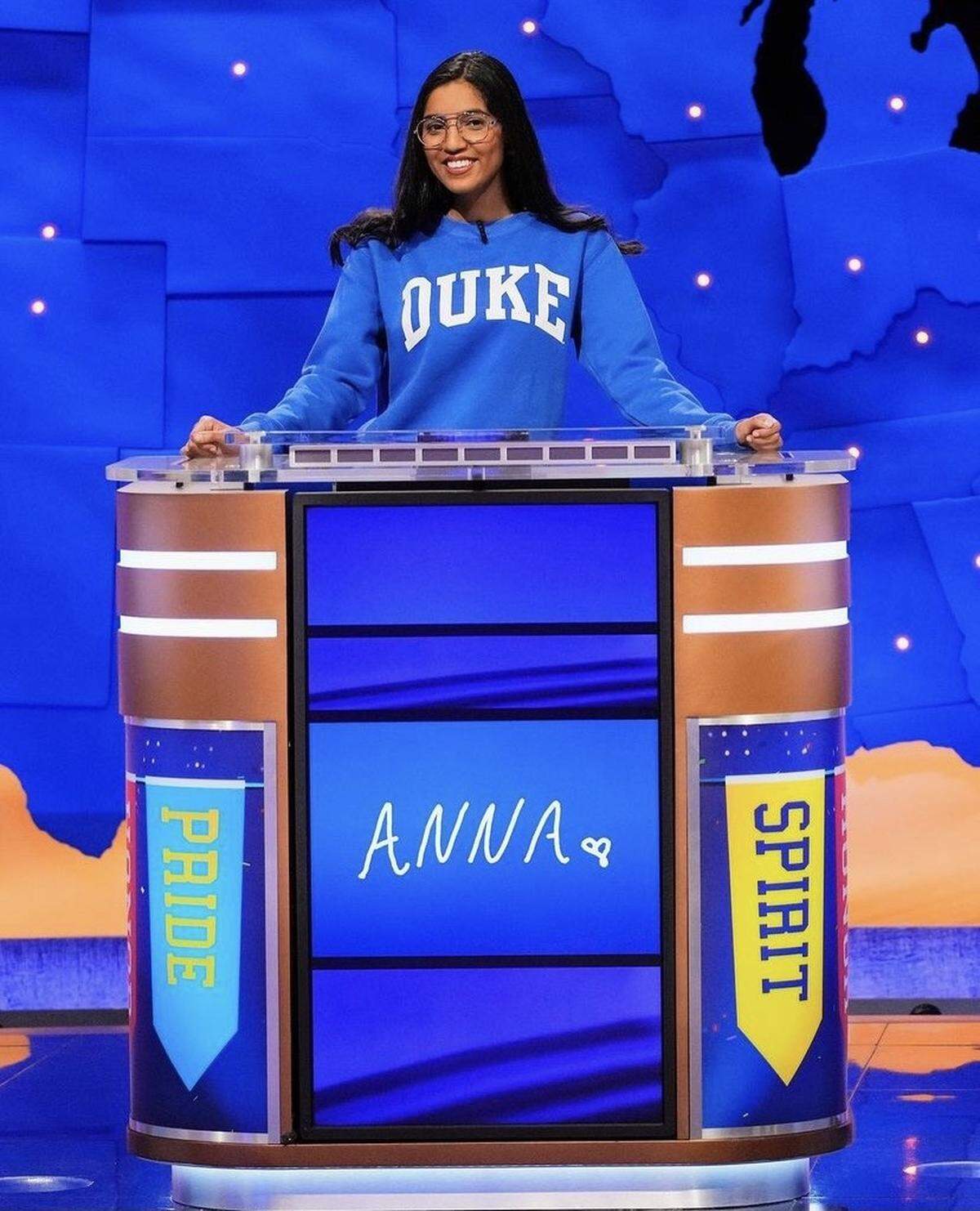 Anna Muthalay, a junior at Duke University, competes in the Jeopardy National College Championship.