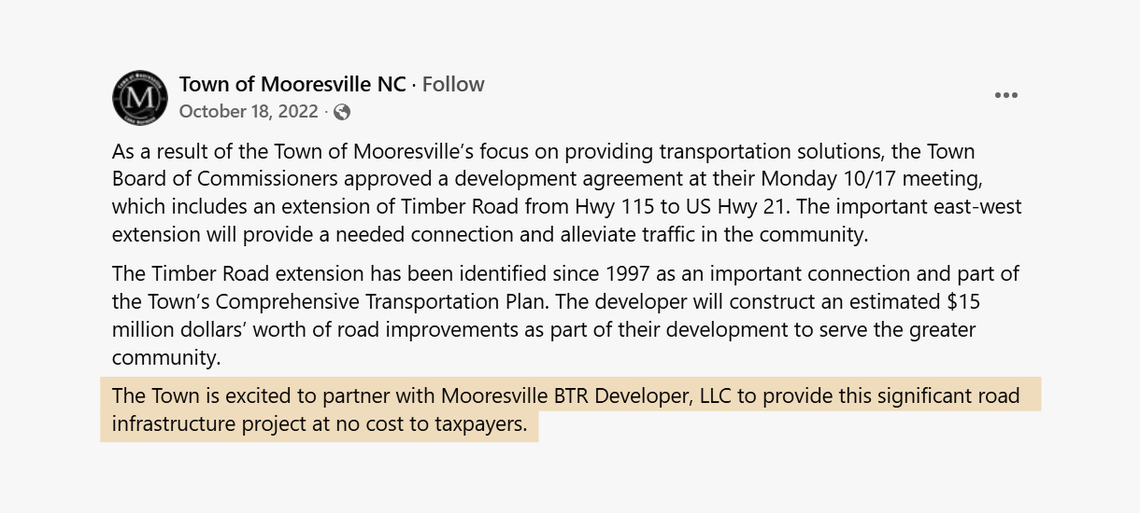 The town of Mooresville announced on Facebook that a new residential development approved by the council would include a connector road “at no cost to the taxpayers.”