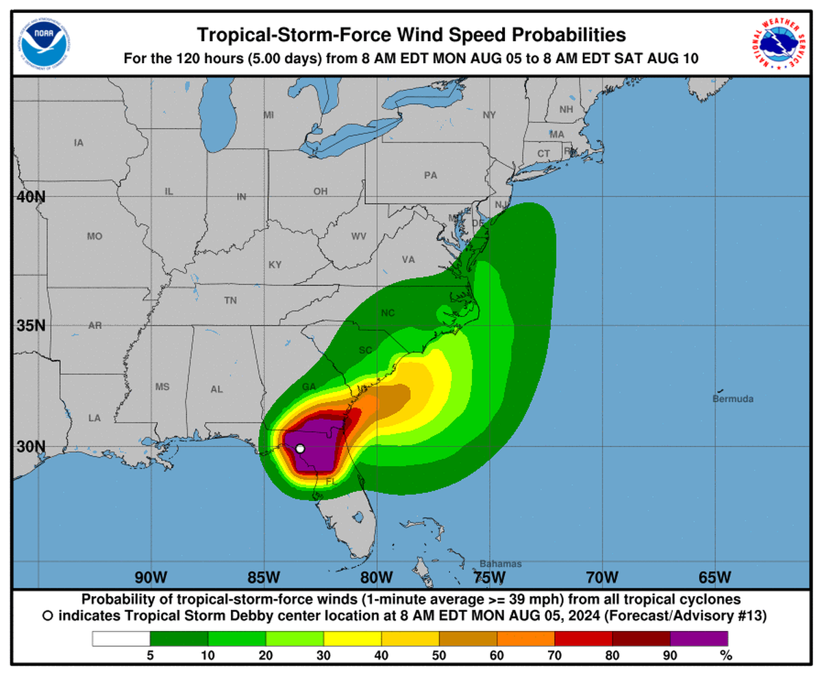 North Carolina could see some tropical storm-force winds of at least 39 mph as Tropical Storm Debby moves through the Southeast this week. Raleigh could see gusts of up to 18 mph on Wednesday, forecasters say.