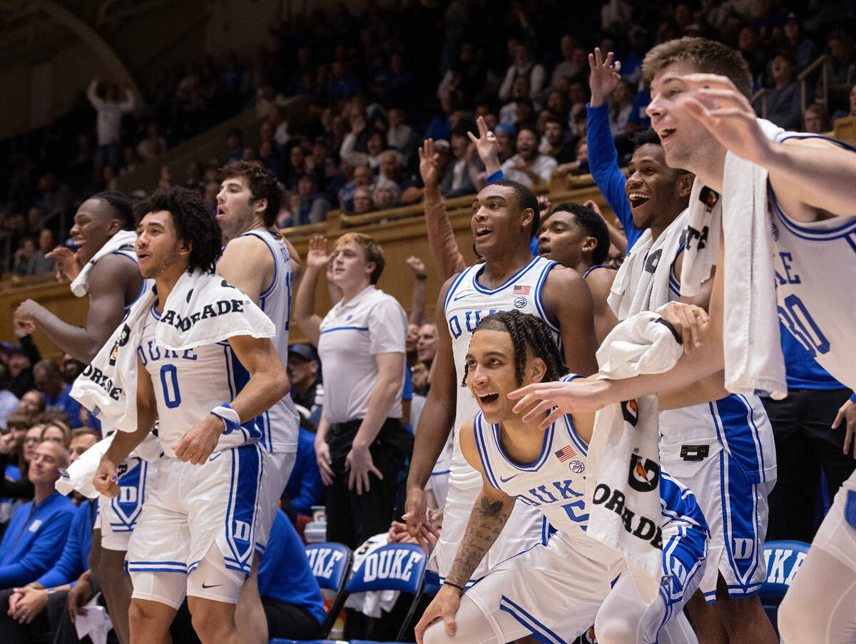 The Duke bench reacts late in the second half of the Blue Devils’ 109-64 exhibition win over UNC Pembroke on Wednesday, Nov. 1, 2023, at Cameron Indoor Stadium in Durham, N.C.