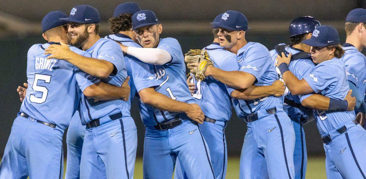 The Tar Heels celebrate their 7-3 victory over VCU on Monday, June 6, 2022, clinching their NCAA Regional championship at Boshamer Stadium in Chapel Hill, N.C.