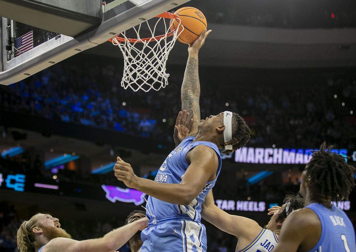North Carolina’s Armando Bacot (5) taps in the ball after an R.J. Davis miss to give the Tar Heels’ a 69-64 lead over UCLA in the closing seconds of the game on Friday, March 25, 2022 during the NCAA East Regional semi-final at Wells Fargo Center in Philadelphia, Pa.