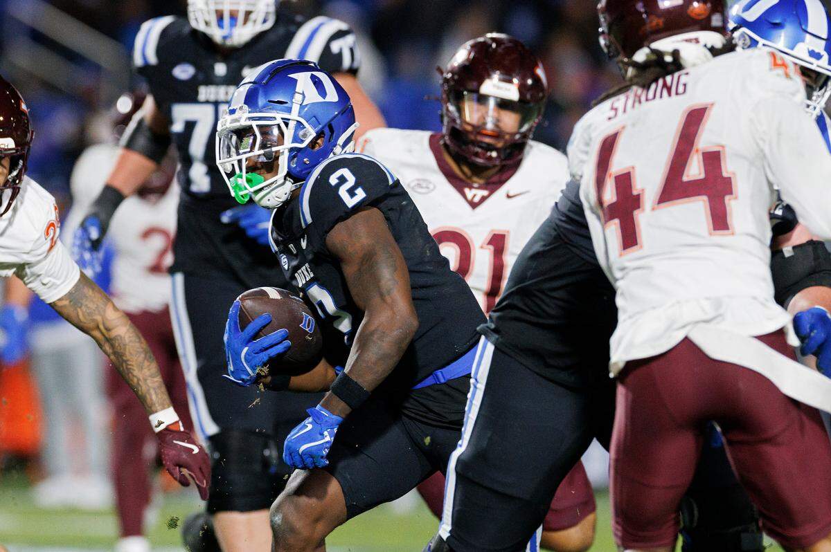 Duke’s Sahmir Hagans runs the ball during the second half of the Blue Devils’ 31-28 win over Virginia Tech on Saturday, Nov. 23, 2024, at Wallace Wade Stadium in Durham, N.C.