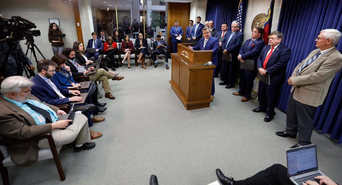 N.C. House Speaker Tim Moore answers a question during a press conference Wednesday, March 29, 2023, where Speaker Moore and the House Republican budget chairs talked about their state budget proposal. Dawn Baumgartner Vaughan, The News & Observer’s Capitol Bureau chief, sits center left.