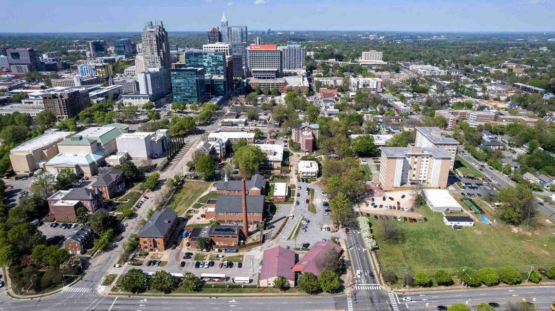 An aerial view of Shaw University campus, lower foreground, in relation to downtown Raleigh Tuesday, April 4, 2023. University leaders want to rezone about 26 acres of the downtown Raleigh property to allow taller, denser buildings.