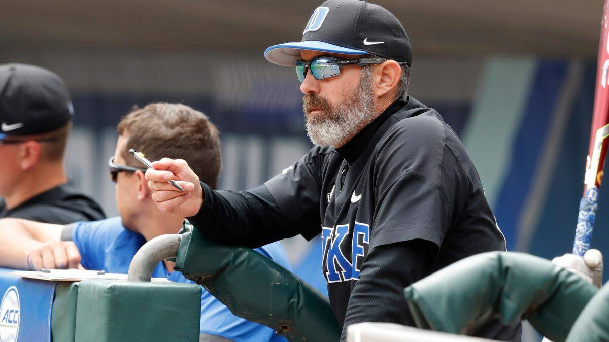 Duke head coach Chris Pollard watches during N.C. State’s game against Duke in the ACC Baseball Championship game at Truist Field in Charlotte, N.C., Sunday, May 30, 2021.