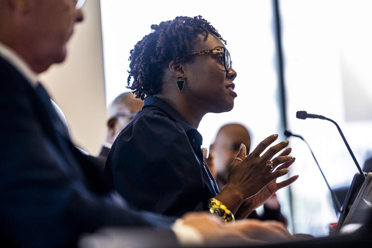 Wake County Vice Chair Safiyah Jackson, who represents District 2, asks questions of Eugene Woods, CEO of Advocate Health, the parent company of Atrium Health, not pictured, during a four-hour commissioners meeting at the Wake County Justice Center on Monday, June 8, 2026, regarding a proposed merger that would make WakeMed part of Atrium Health, one of the nation’s largest nonprofit health systems.