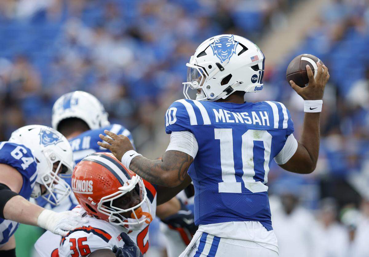 Duke quarterback Darian Mensah looks to pass during the second half of the Blue Devils’ 45-19 loss to Illinois on Saturday, Sept. 6, 2025, at Wallace Wade Stadium in Durham, N.C.