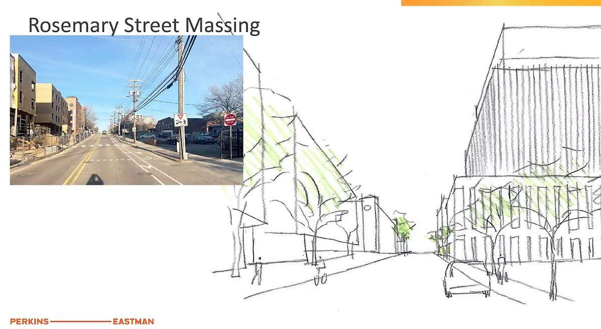 An architect’s rendering shows how the proposed Life Sciences Center on West Franklin Street could look to someone heading east on West Rosemary Street.