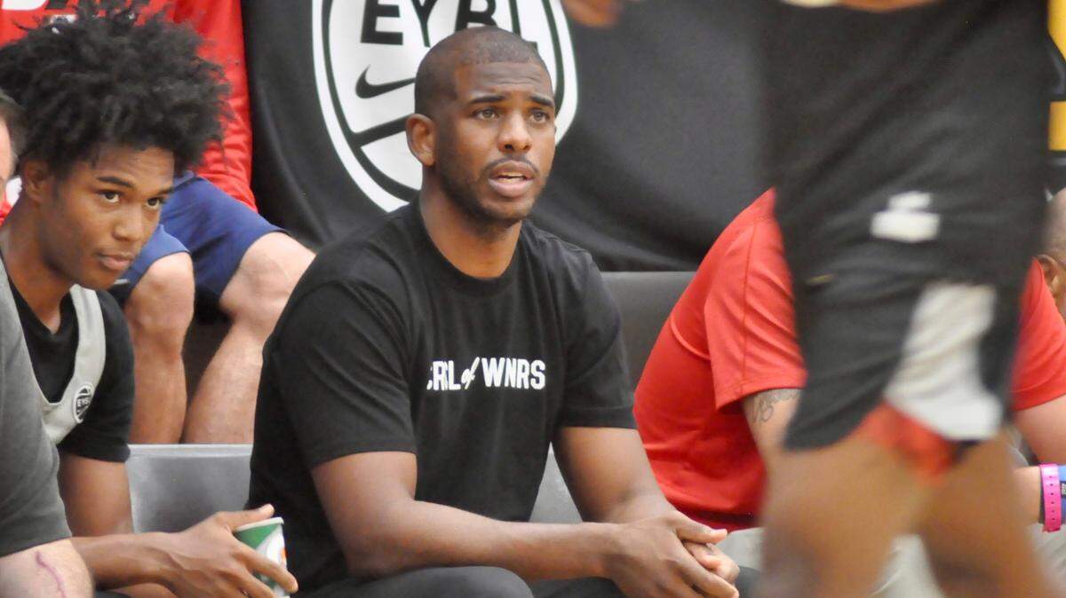 Phoenix Suns guard Chris Paul, a native of Winston-Salem, watches the 17 and under team he sponsors under the Team CP3 umbrella compete in the Nike Elite Youth Basketball League (EYBL) Peach Jam tournament. Team CP3 defeated The Scholars on July 22, 2022 in North Augusta, S.C.