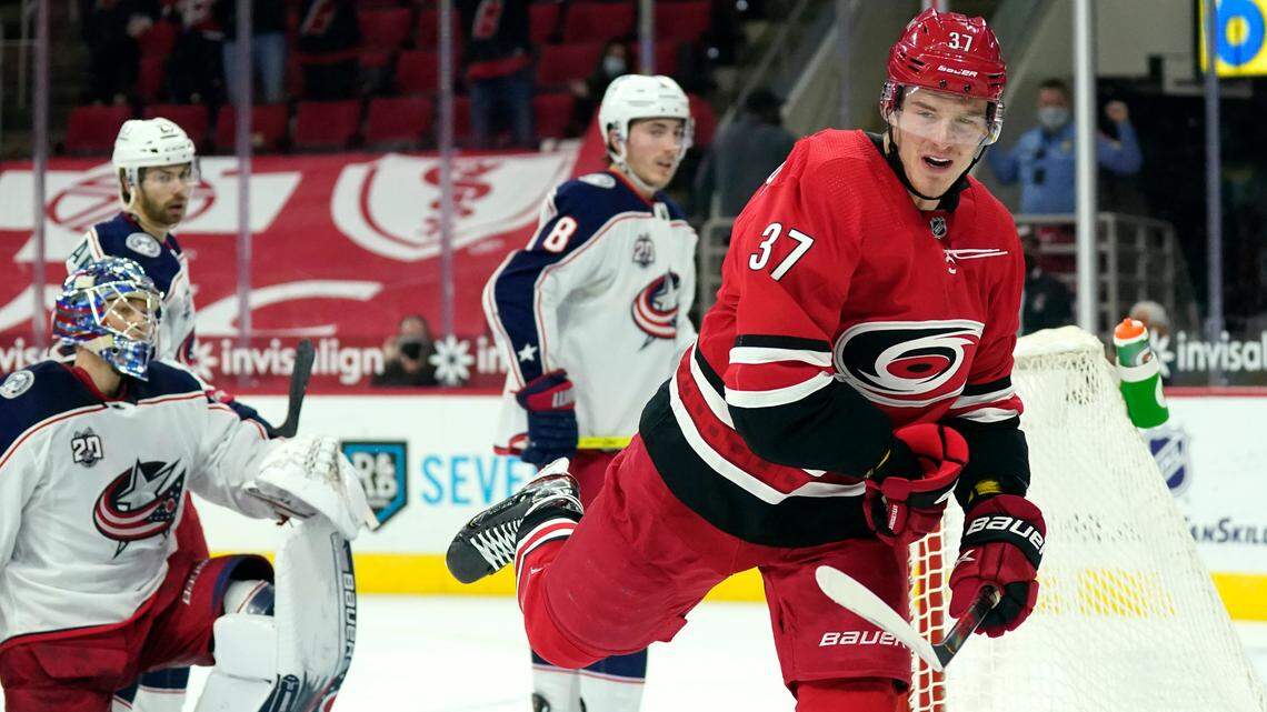 Carolina Hurricanes right wing Andrei Svechnikov (37) reacts after a goal during the second period of an NHL hockey game against the Columbus Blue Jackets in Raleigh, N.C., Saturday, March 20, 2021. (AP Photo/Gerry Broome)