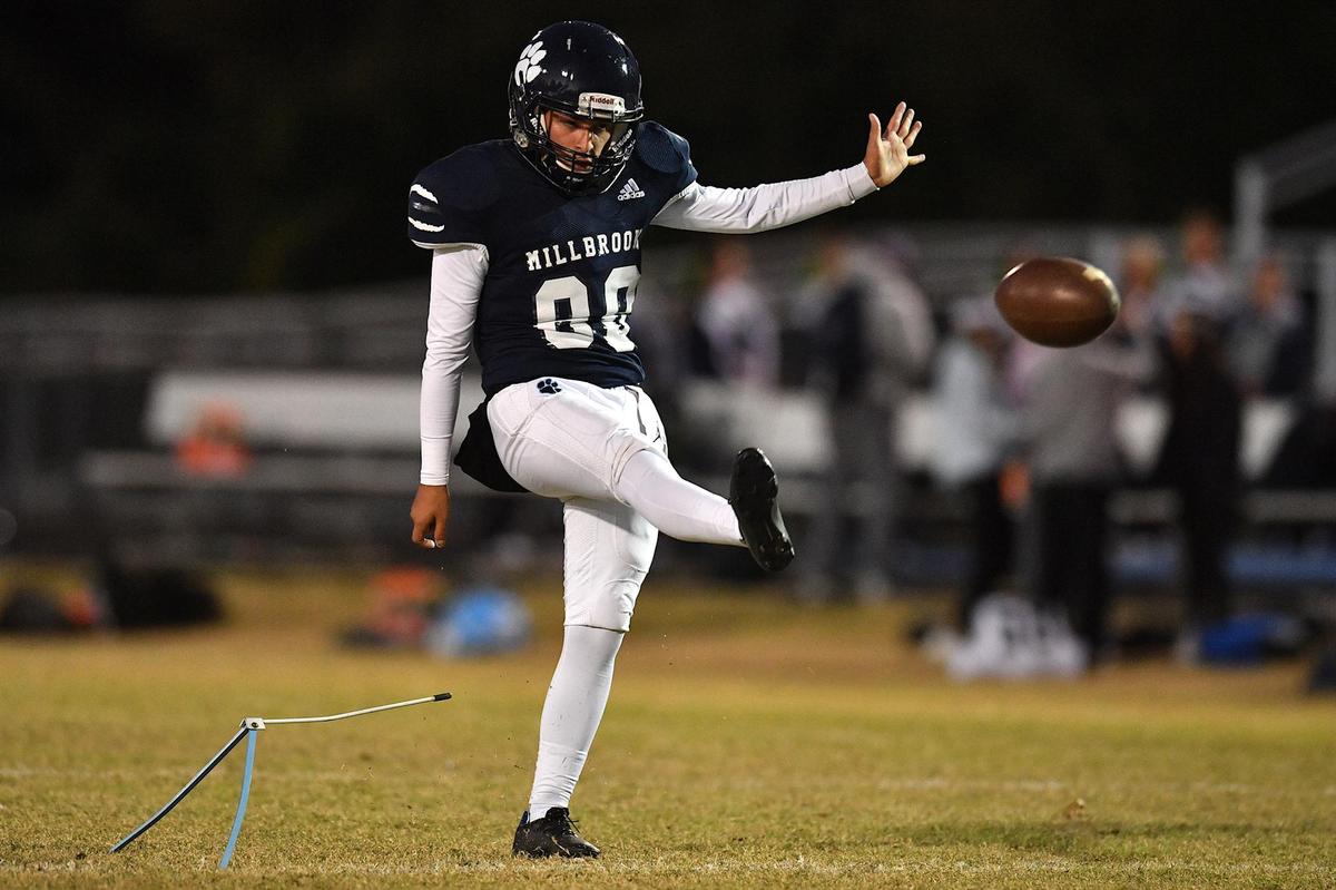Millbrook kicker Angel Gomez (88) kicks during pre-game before taking on Heritagein the playoffs. The Millbrook Wildcats and the Heritage Huskies met in a NCHSAA 4A playoff first round game in Raleigh, N.C. on November 3, 2023.