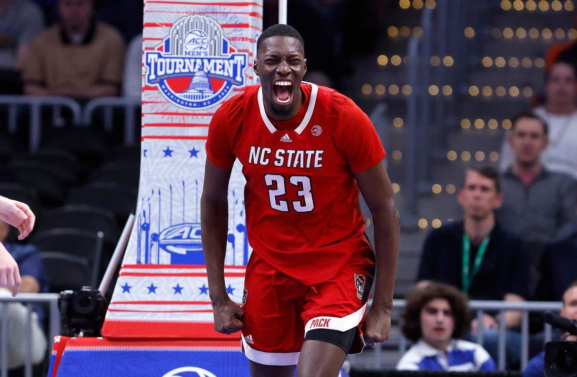 N.C. State’s Mohamed Diarra (23) celebrates after slamming in two during the first half of N.C. State’s game against Duke in the quarterfinal round of the 2024 ACC Men’s Basketball Tournament at Capital One Arena in Washington, D.C., Thursday, March 14, 2024.