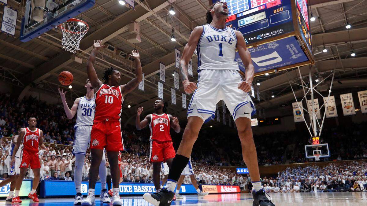 Duke’s Dereck Lively II (1) celebrates after making the basket while being fouled in the second half of Duke’s 81-72 victory over Ohio State at Cameron Indoor Stadium in Durham, N.C., Wednesday, Nov. 30, 2022.