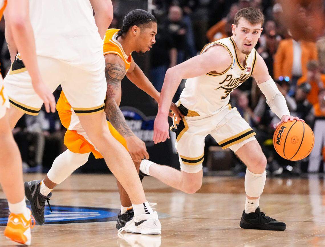 Purdue Boilermakers guard Braden Smith (3) rushes up the court Sunday, March 31, 2024, during the midwest regional championship at the Little Caesars Arena in Detroit. The Purdue Boilermakers defeated the Tennessee Volunteers, 72-66.