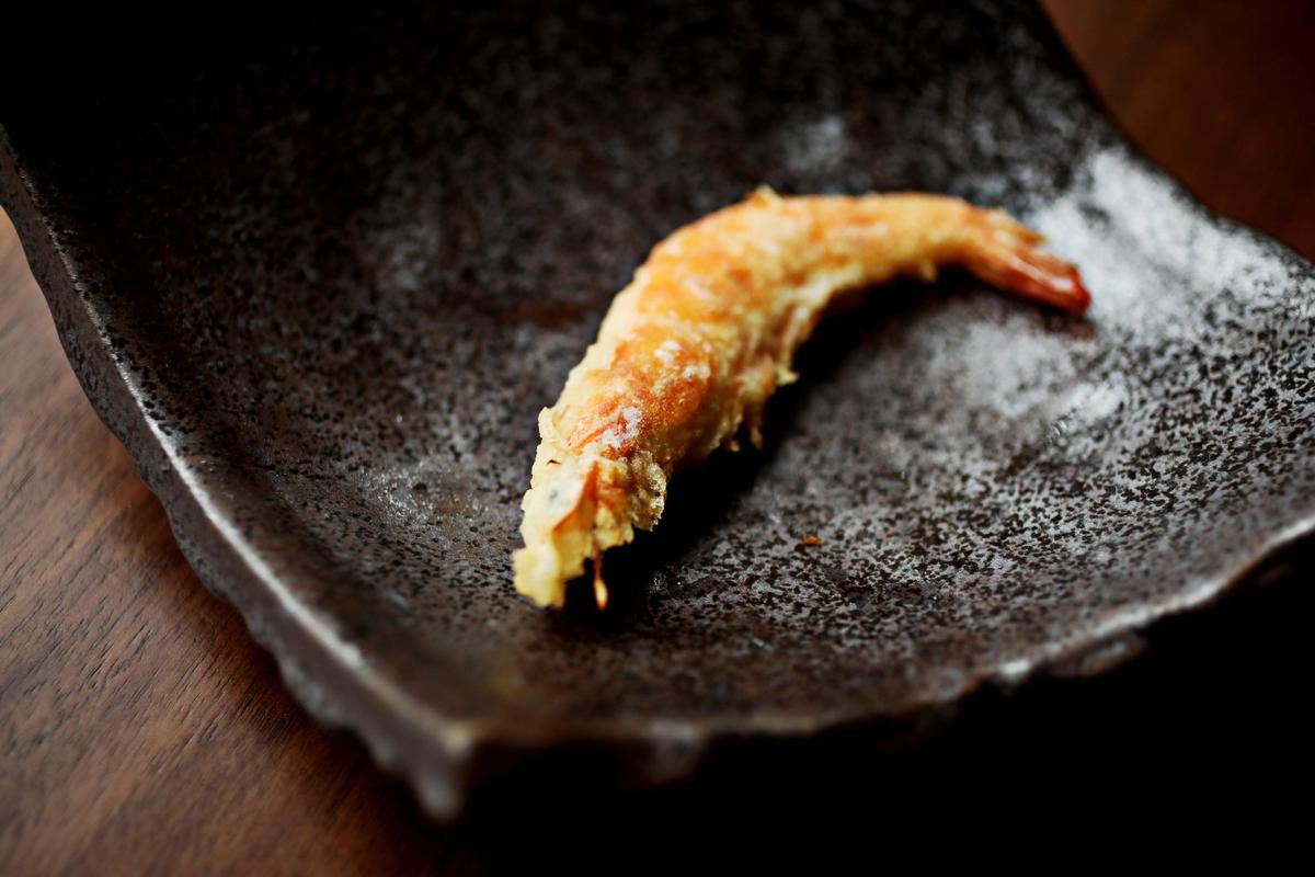 The signature M Omakase at M Tempura includes soft-shell shrimp. The crispness of a perfect tempura batter crust is showcased with each presentation.