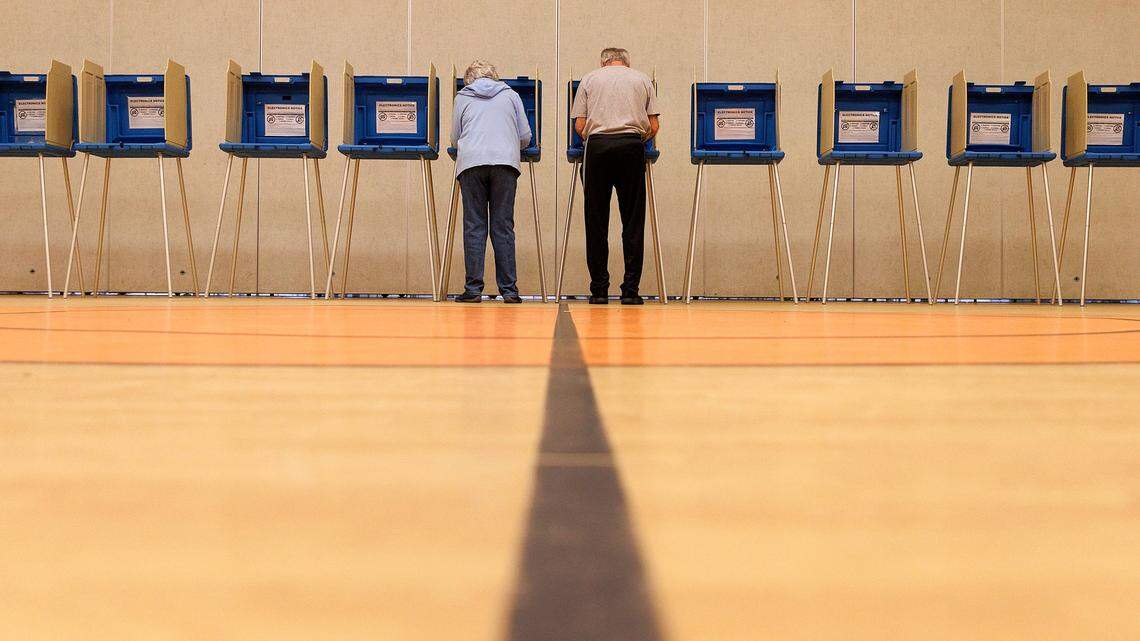 People cast their ballots at Aversboro Elementary School in Garner, N.C. on Tuesday, March 5, 2024.