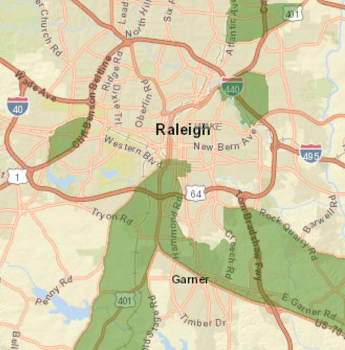 A map of opportunity zones around downtown Raleigh. Opportunity zones, which allow investors to lower their taxes on capital gains, are highlighted in green.