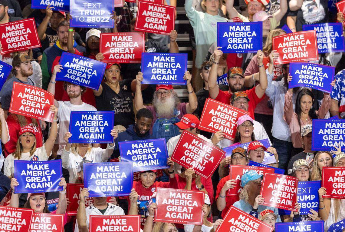 A capacity crowd welcomes former President Donald Trump, the Republican presidential nominee, for a rally on Wednesday, October 30, 2024 at the Rocky Mount Event Center in Rocky Mount, N.C.