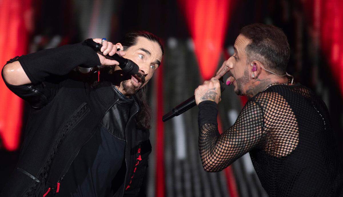 Kevin Richardson and AJ McLean and Backstreet Boys in concert at Coastal Credit Union Music Park at Walnut Creek in Raleigh, N.C., Saturday night, June 25, 2022.
