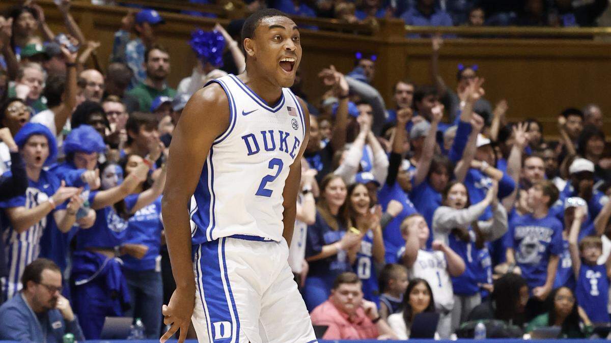 Duke’s Jaylen Blakes (2) celebrates hitting a three-pointer during the second half of Duke’s 80-56 victory over Charlotte at Cameron Indoor Stadium in Durham, N.C., Saturday, Dec. 9, 2023.