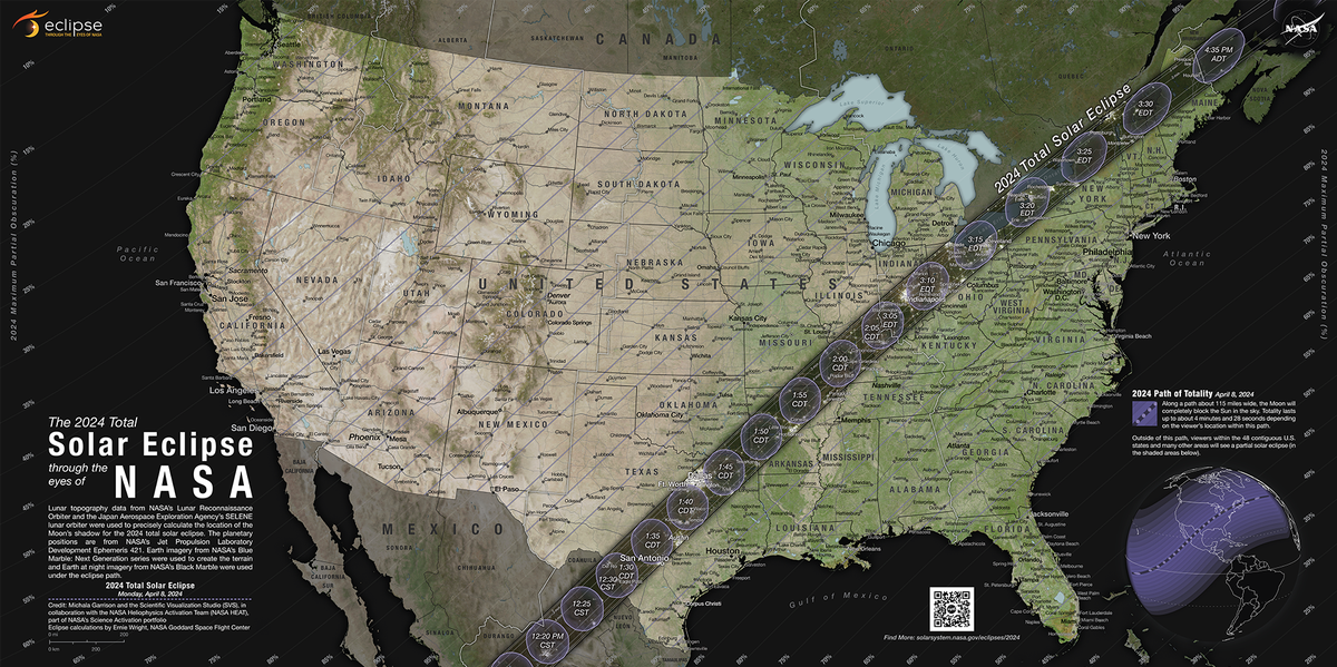 The “path of totality” for the April 8 total solar eclipse runs from Texas to Maine. In North Carolina and other places not in the path, it will be a partial eclipse. This will be the last total eclipse visible in North America until 2045.