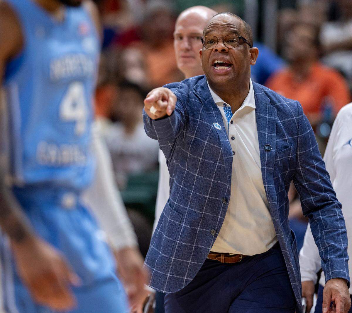 North Carolina coach Hubert Davis directs his team during the second half against Miami on Saturday, February 10, 2024 at the Watsco Center in Coral Gables, Florida.