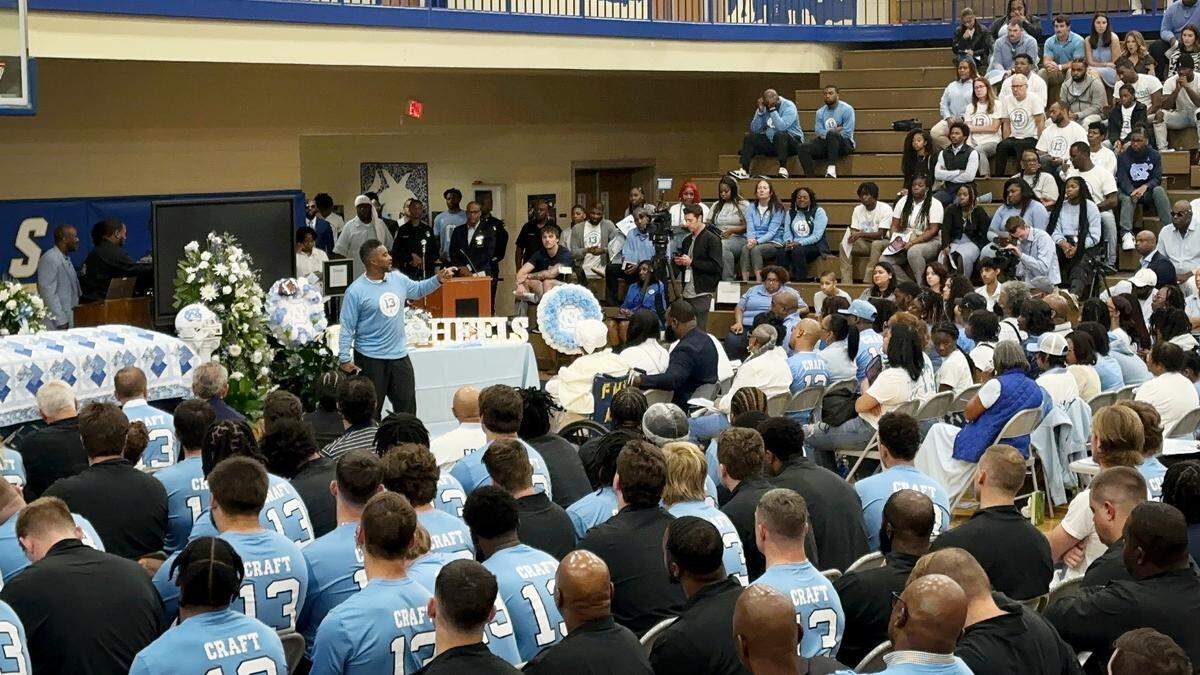 University of North Carolina football players gather for teammate Tylee Craft’s funeral at Sumter High School in Sumter, South Carolina, on Saturday, Oct. 19, 2024.