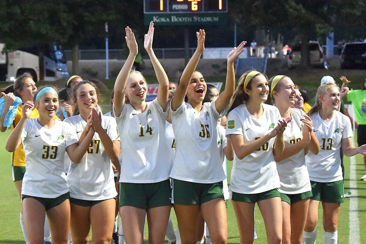 The Cardinal Gibbons Crusaders celebrate after their penalty kick victory over Ardery Kell in the 4A State Soccer Championship. The Cardinal Gibbons Crusaders and the Ardery Kell Knights met in the NCHSAA Women’s 4A Soccer Championships in Cary, N.C. on June 4, 2022.