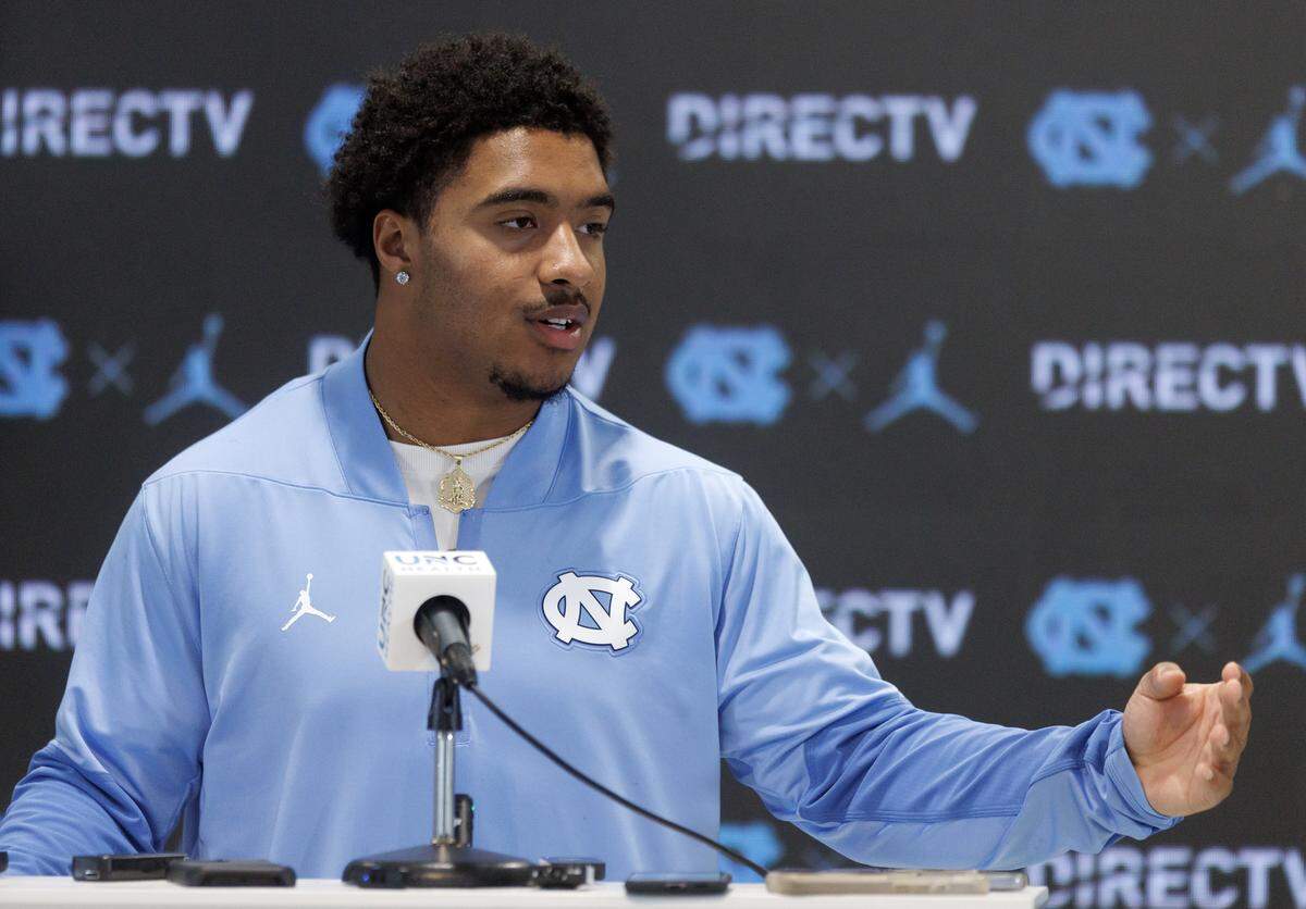 North Carolina quarterback Gio Lopez speaks during a press conference on Tuesday, Oct. 28, 2025, in Chapel Hill, N.C.