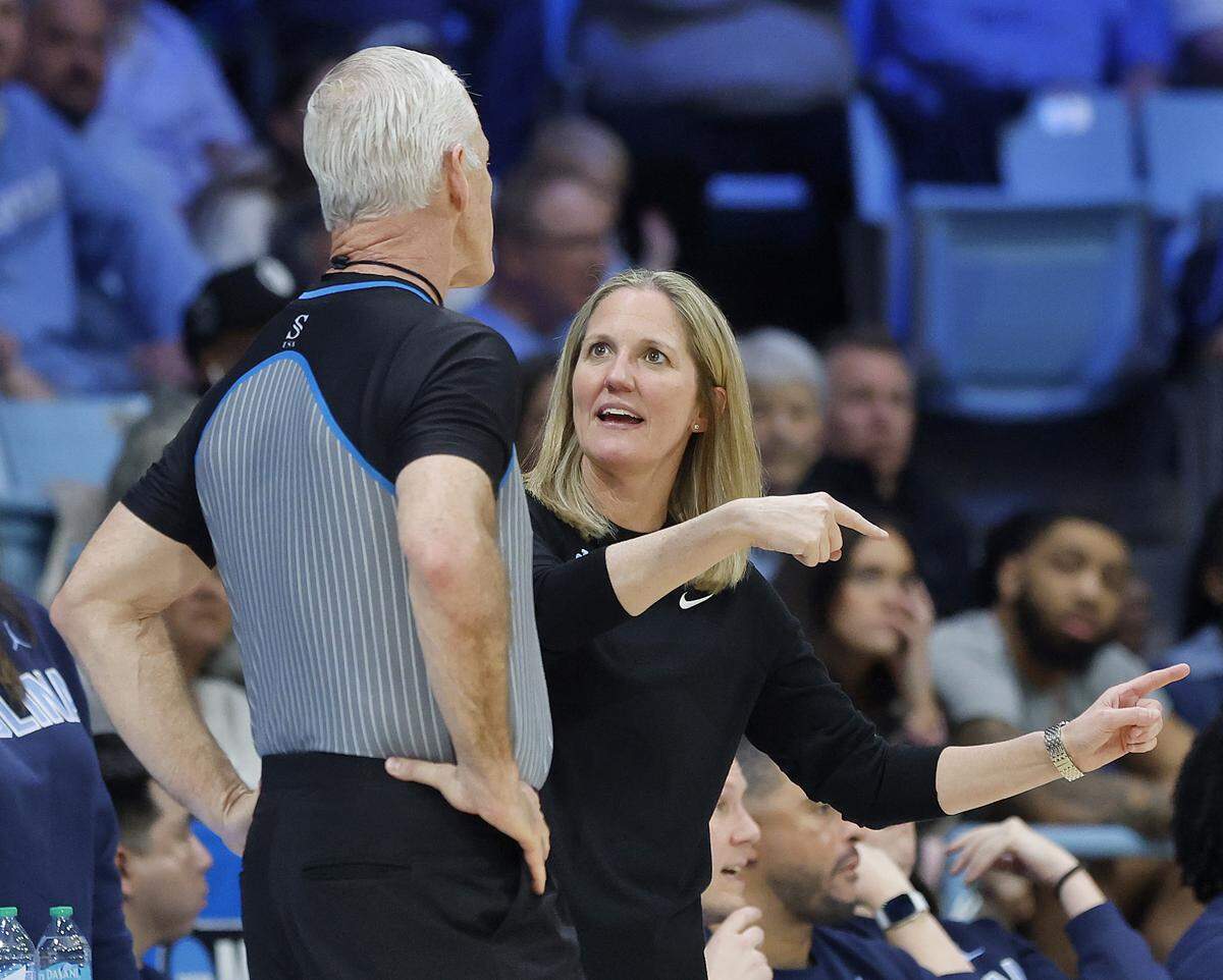 North Carolina head coach Courtney Banghart speaks with an official during the first half of the Tar Heels’ 82-51 first-round NCAA Tournament win over Western Illinois on Friday, March 20, 2026, at Carmichael Arena in Chapel Hill, N.C.