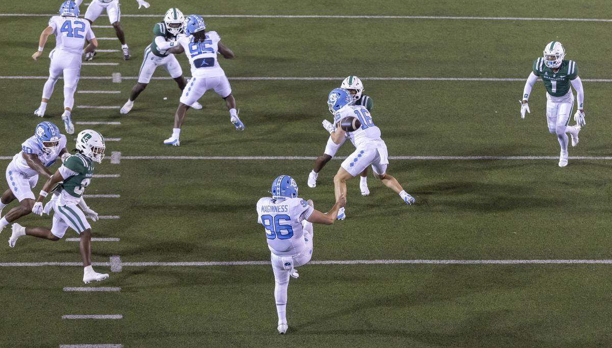 North Carolina punter Tom Maginness (96) connects for a 55-yard punt in the third quarter against UNC Charlotte on Saturday, September 6, 2025 at Jerry Richardson Stadium in Charlotte, N.C. 