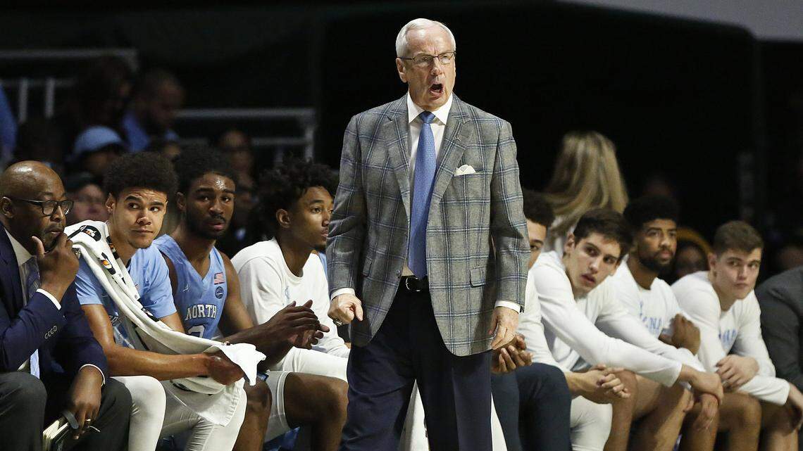 North Carolina head coach Roy Williams yells towards his players during the first half of an NCAA college basketball game against the Miami on Saturday, Jan. 19, 2019, in Coral Gables, Fla.