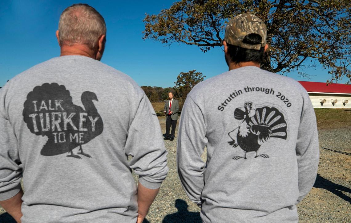 John Dole, the interim Dean of the NCSU College of Agriculture and Life Sciences, address a gathering at the N.C. State University Talley Turkey Education Unit prior to a meet and greet with National Thanksgiving Turkeys, Chocolate and Chip on Wednesday, November 23, 202 in Raleigh, N.C.