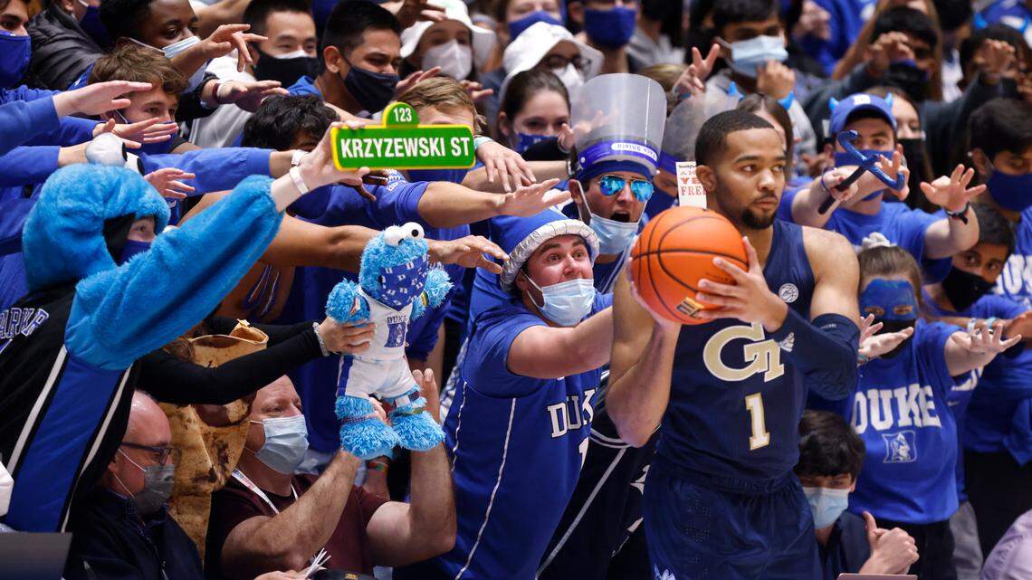 The Cameron Crazies yell at Georgia Tech’s Kyle Sturdivant (1) as he waits to inbound the ball during the second half of Duke’s 69-57 victory over Georgia Tech at Cameron Indoor Stadium in Durham, N.C., Tuesday, January 4, 2022.