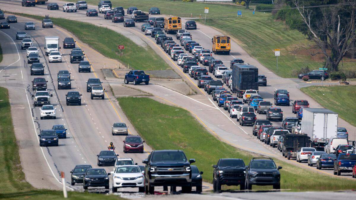 Rush hour traffic is bumper to bumper in the north bound lane of US 1 where it is reduced to two lanes between I-540 and Durant Road on Tuesday, June 6, 2023 in Raleigh, N.C.
