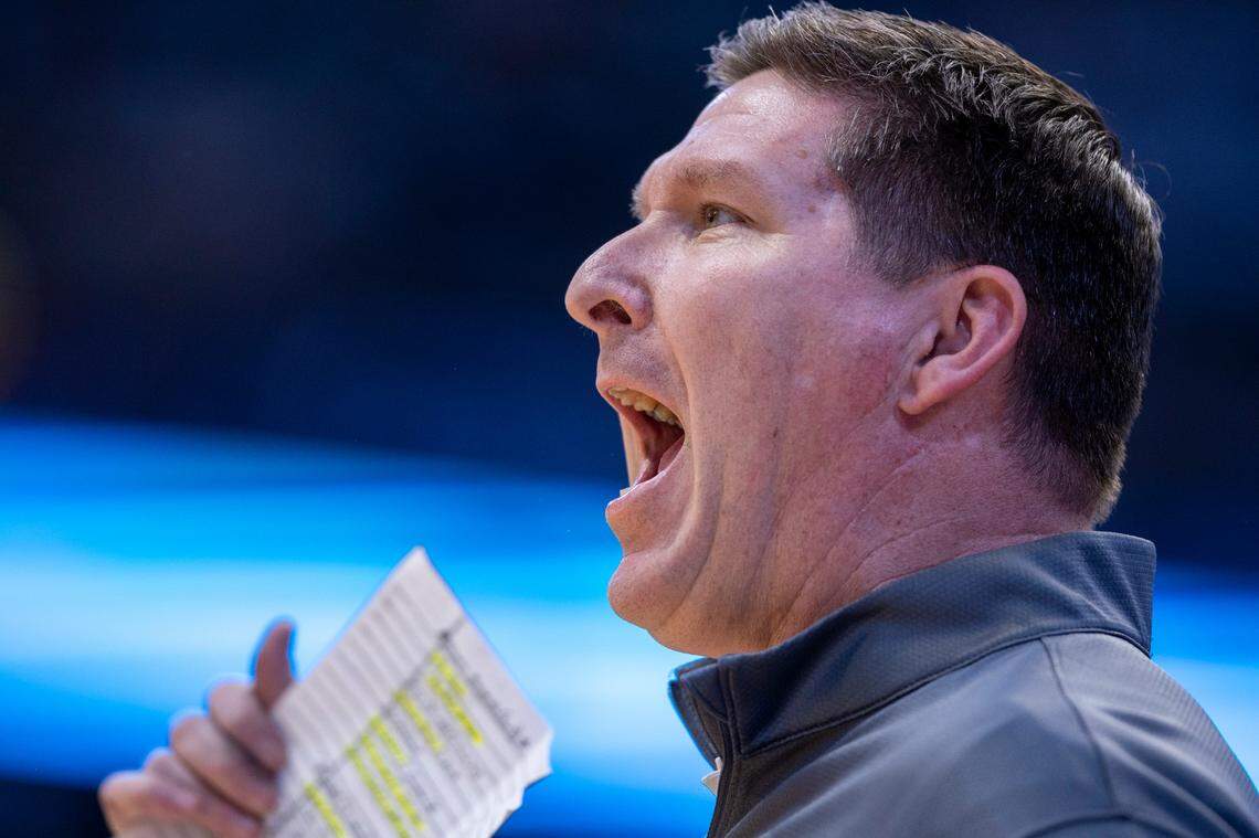 Clemson coach Brad Brownell directs his players on defense during the first half against North Carolina on Tuesday, February 6, 2024 at the Dean E. Smith Center in Chapel Hill, N.C.