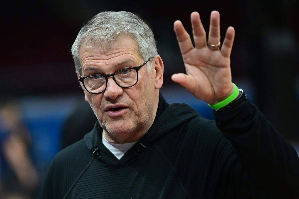 Apr 4, 2024; Cleveland, OH, USA; UConn Huskies head coach Geno Auriemma talks to the media during a practice session at Rocket Mortgage FieldHouse. Mandatory Credit: Ken Blaze-USA TODAY Sports