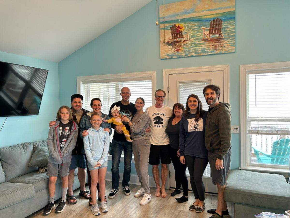 Co-owners on a vacation home in Topsail Island: (left to right): Hudson Cormier (in front), Trent Cormier, Jean Cormier, Hadley Cormier (in front), Aubrey Russell (baby), Mark Russell, Fara Russell, Tim Pflaum, Hope Pflaum, Jenn Summe, Jeff Gula.