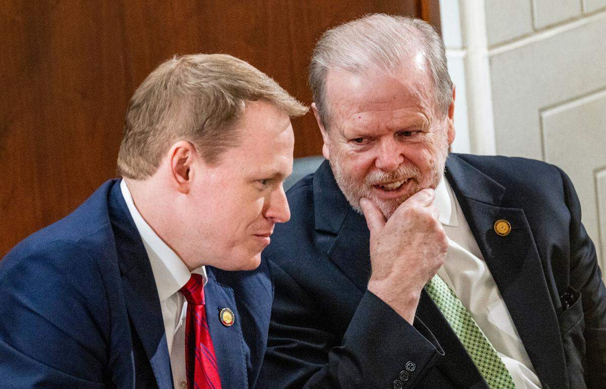 House Speaker Destin Hall, left, and Senate President Pro Tempore Phil Berger, talk before Gov. Josh Stein delivered his State of the State address to a joint session of the General Assembly on Wednesday, March 12, 2025, in the House chamber of the Legislative Building.