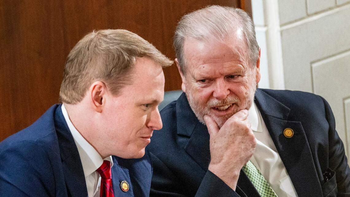 House Speaker Destin Hall, left, and Senate President Pro Tempore Phil Berger, talk before Gov. Josh Stein delivered his State of the State address to a joint session of the General Assembly on Wednesday, March 12, 2025, in the House chamber of the Legislative Building.