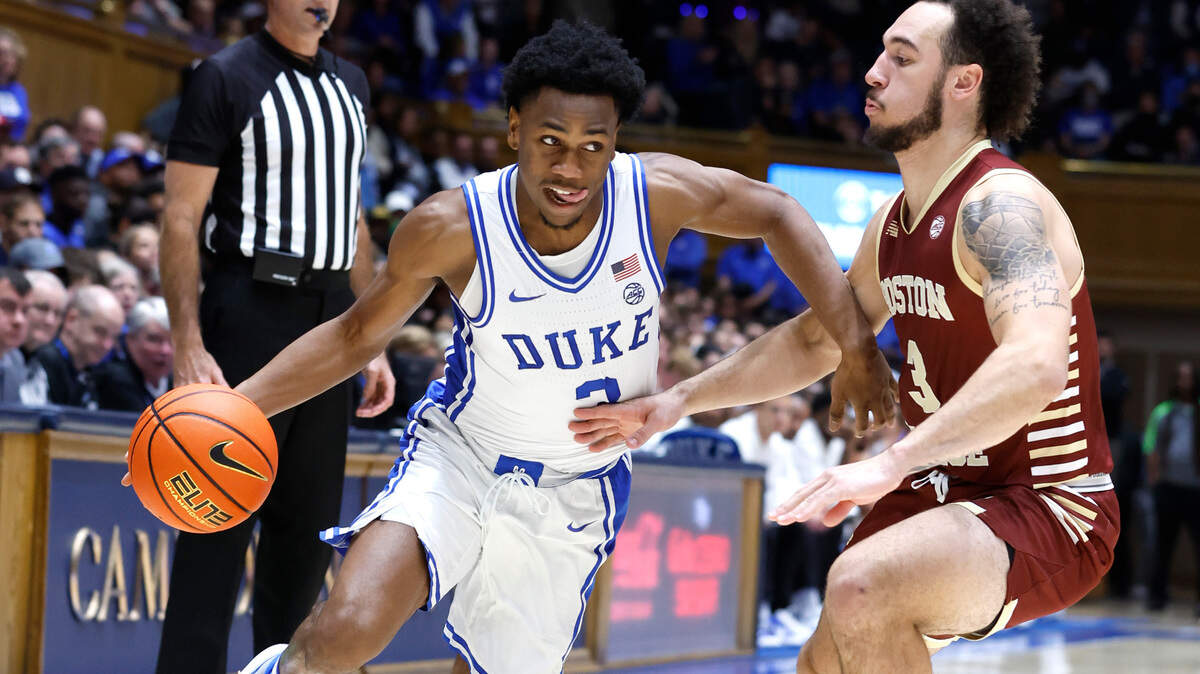 Duke’s Jeremy Roach (3) drives around Boston College’s Jaeden Zackery (3) during the first half of Duke’s game against Boston College at Cameron Indoor Stadium in Durham, N.C., Saturday, Dec. 3, 2022.