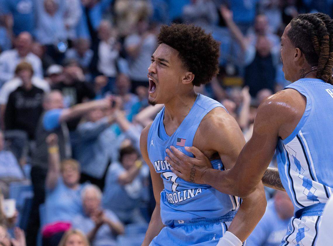 North Carolina’s Seth Trimble reacts after slamming in two during the first half of the Tar Heels’ game against UC Riverside on Friday, Nov. 17, 2023, at the Smith Center in Chapel Hill, N.C.