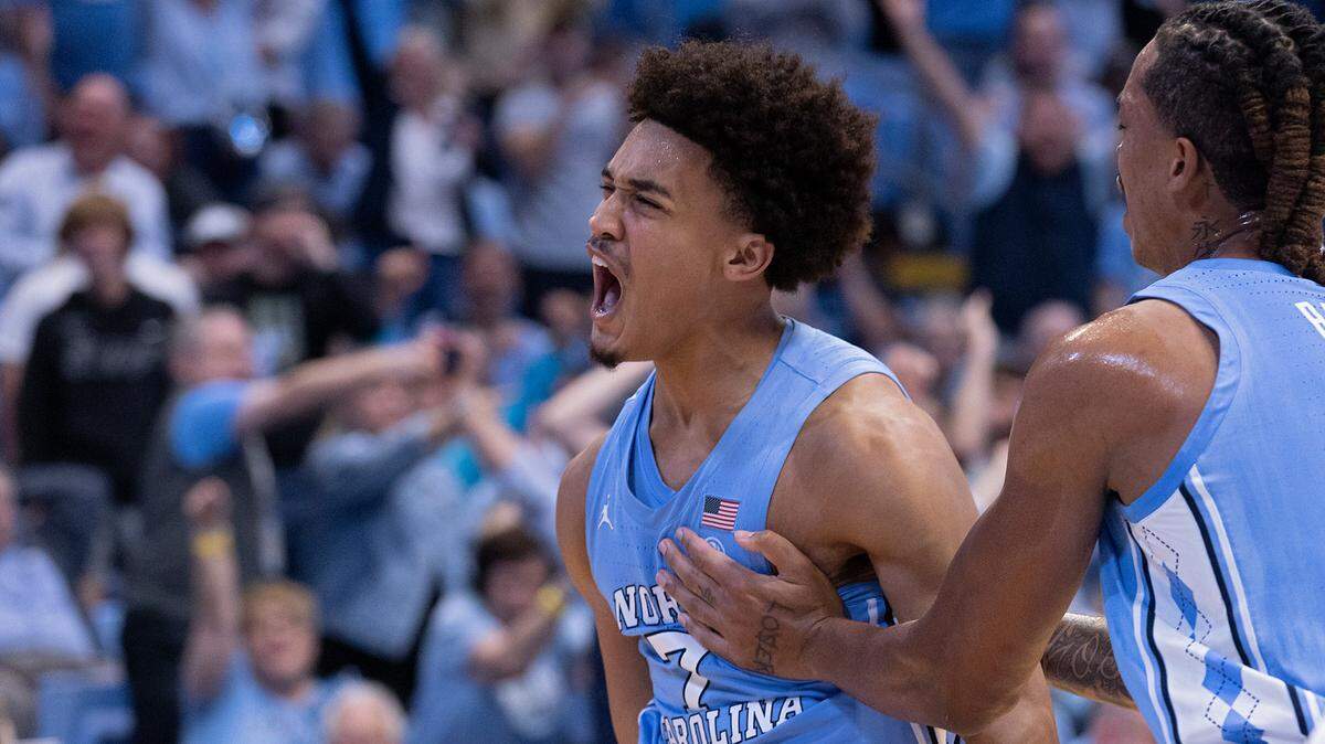 North Carolina’s Seth Trimble reacts after slamming in two during the first half of the Tar Heels’ game against UC Riverside on Friday, Nov. 17, 2023, at the Smith Center in Chapel Hill, N.C.