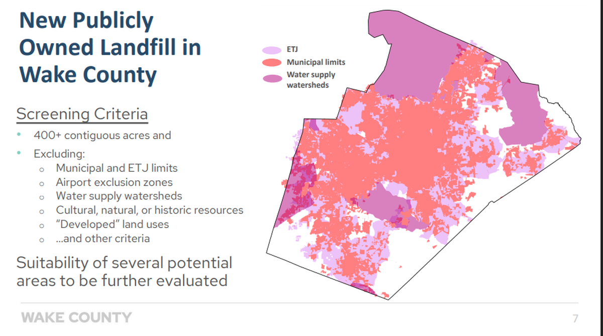 A map shows where a new landfill could potentially be built in Wake County based on preliminary consultant and county research.