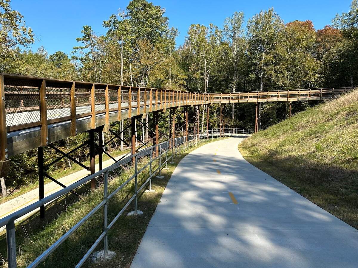 The western leg of Raleigh’s Crabtree Creek greenway trail includes an elaborate, partially-elevated switchback to climb a hill between Richland Creek and Duraleigh Road.