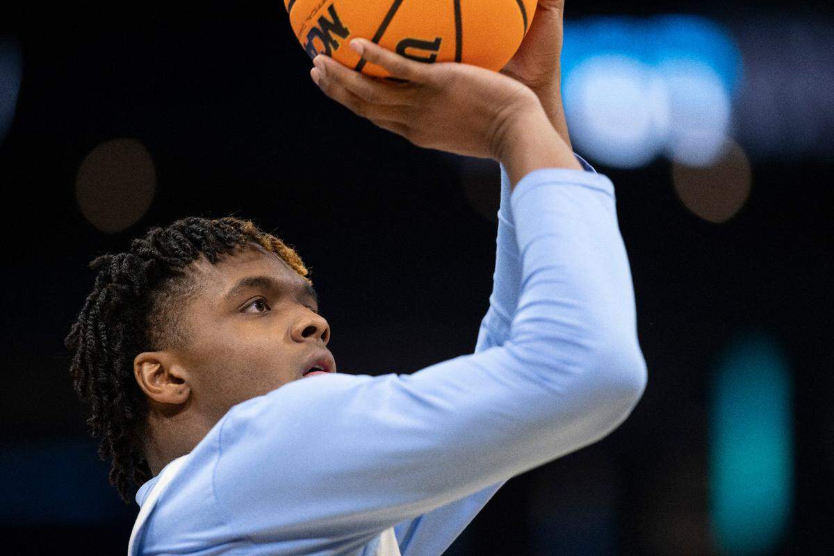 North Carolina’s Harrison Ingram (55) works on his three-point shot during practice on Wednesday, March 20, 2024 as they prepare for the NCAA Tournament at Spectrum Center in Charlotte, N.C.