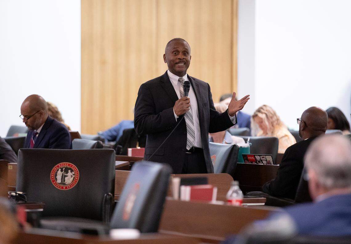Rep. Robert Reives speaks about a bill including Helene disaster relief and a series of power shifts during a legislative session at the General Assembly on Tuesday, Nov. 19, 2024, in Raleigh, N.C.